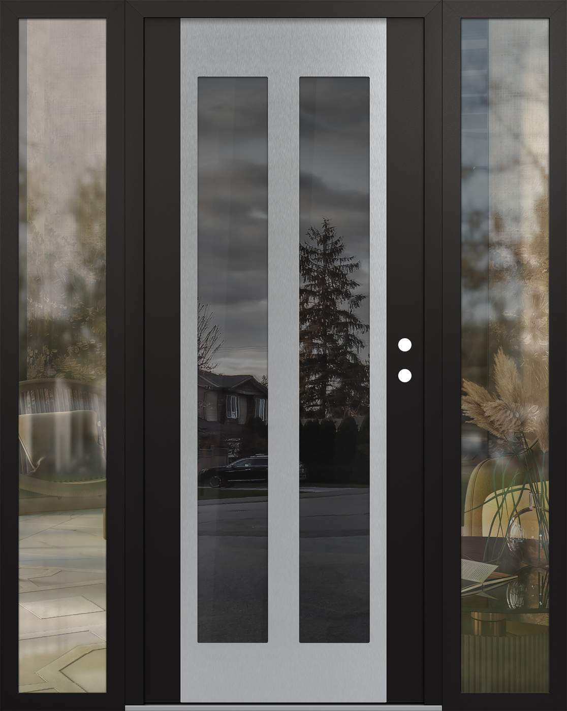 Modern Steel Front Door Diamond C14 68" x 80" black/black mirrored Glass Panel stainless steel LHI with 2 Sidelites clear Glass