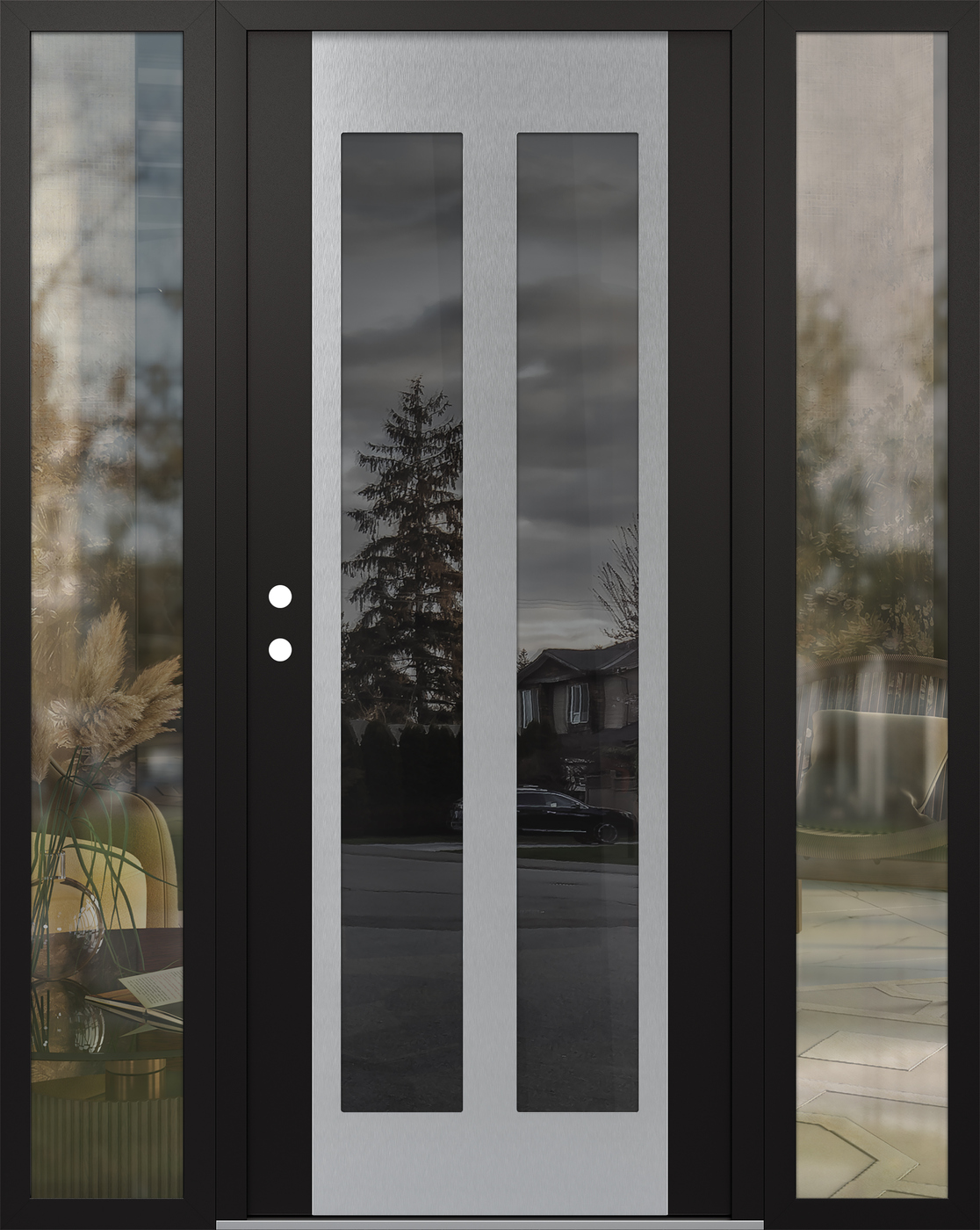 Modern Steel Front Door Diamond C14 68" x 80" black/black mirrored Glass Panel stainless steel RHI with 2 Sidelites clear Glass