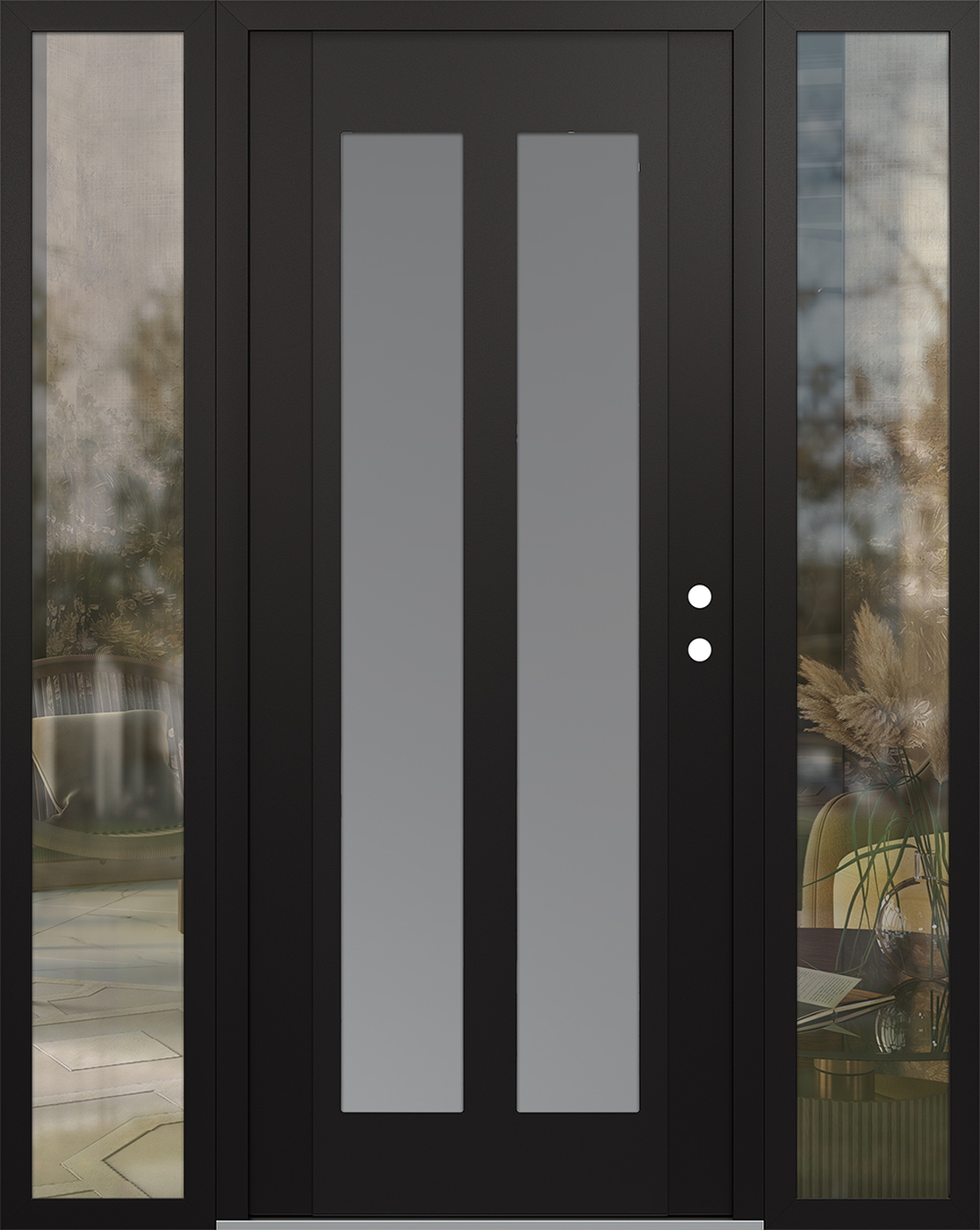Modern Steel Front Door Diamond C14 68" x 80" black/white frosted Glass Panel black LHI with 2 Sidelites clear Glass