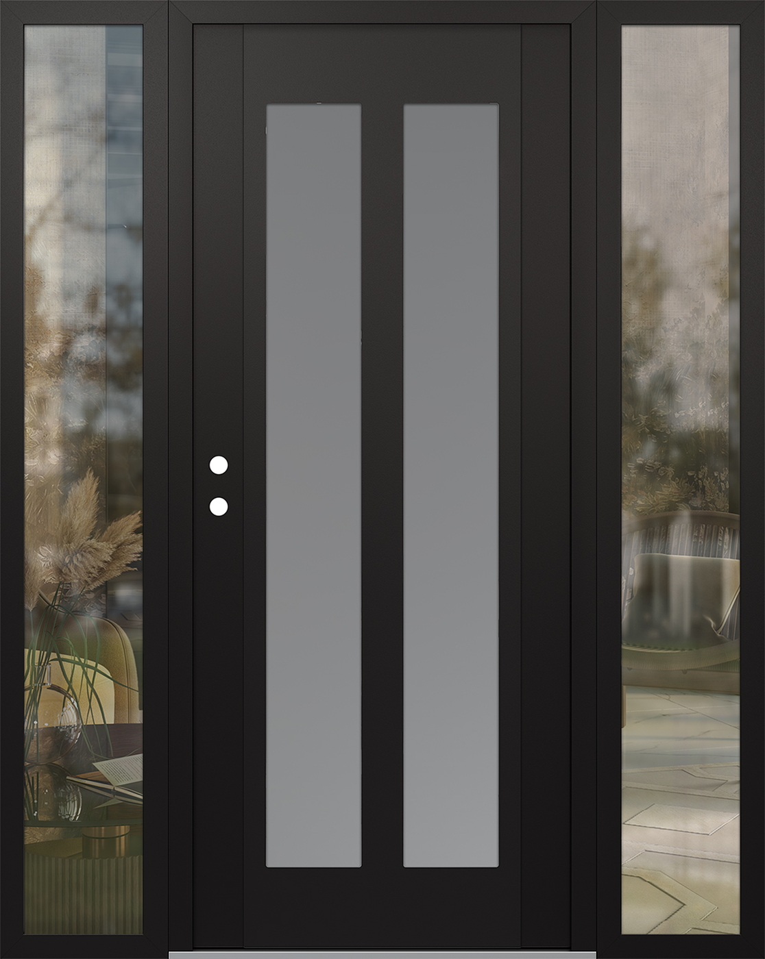 Modern Steel Front Door Diamond C14 68" x 80" black/white frosted Glass Panel black RHI with 2 Sidelites clear Glass