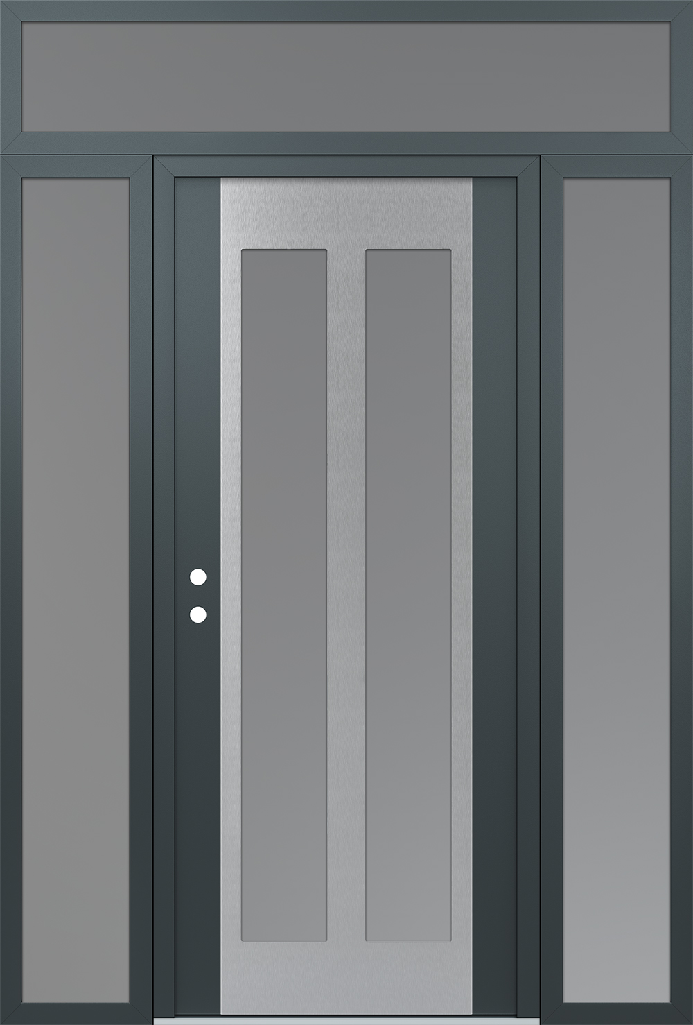 Modern Steel Front Door Diamond C14 68" x 96" anthracite/anthracite frosted Glass Panel stainless steel RHI with 2 Sidelites and Transom frosted Glass