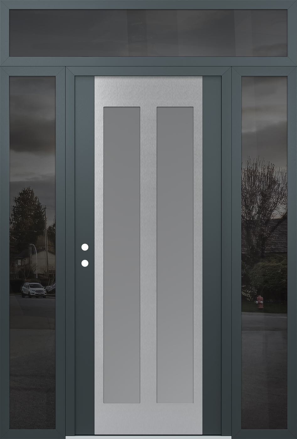 Modern Steel Front Door Diamond C14 68" x 96" anthracite/anthracite frosted Glass Panel stainless steel RHI with 2 Sidelites and Transom mirrored Glass