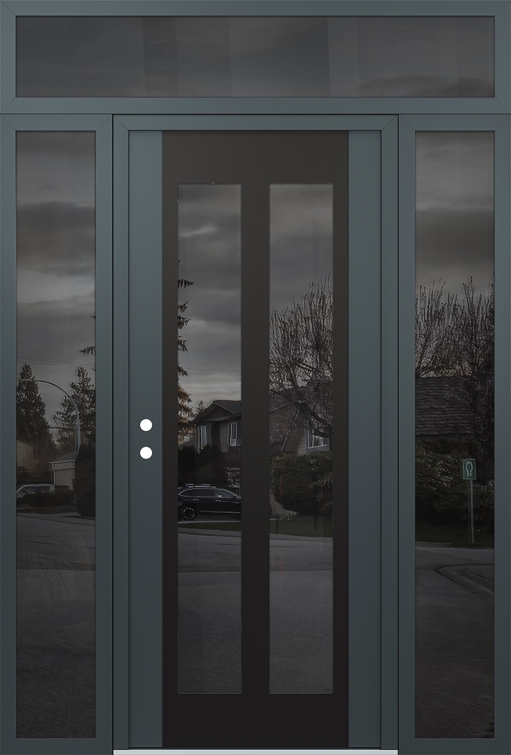 Modern Steel Front Door Diamond C14 68" x 96" anthracite/anthracite mirrored Glass Panel black RHI with 2 Sidelites and Transom mirrored Glass