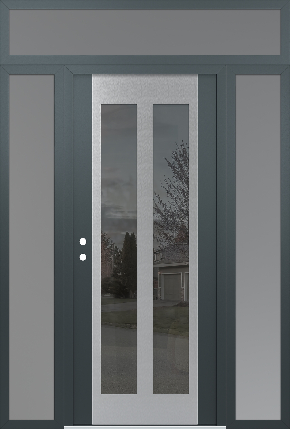 Modern Steel Front Door Diamond C14 68" x 96" anthracite/anthracite mirrored Glass Panel stainless steel RHI with 2 Sidelites and Transom frosted Glass