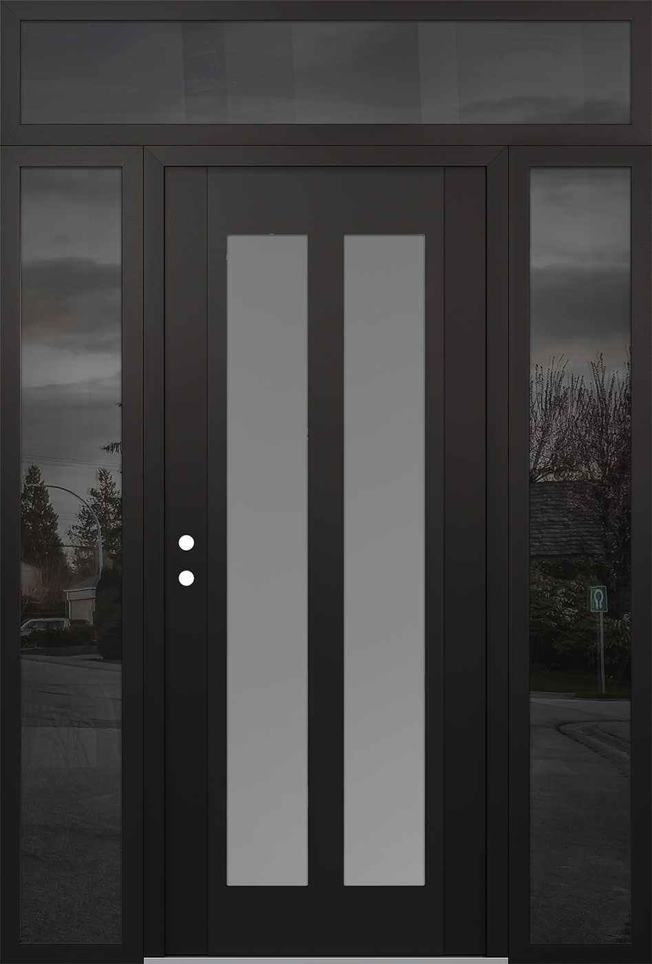 Modern Steel Front Door Diamond C14 68" x 96" black/white frosted Glass Panel black RHI with 2 Sidelites and Transom mirrored Glass