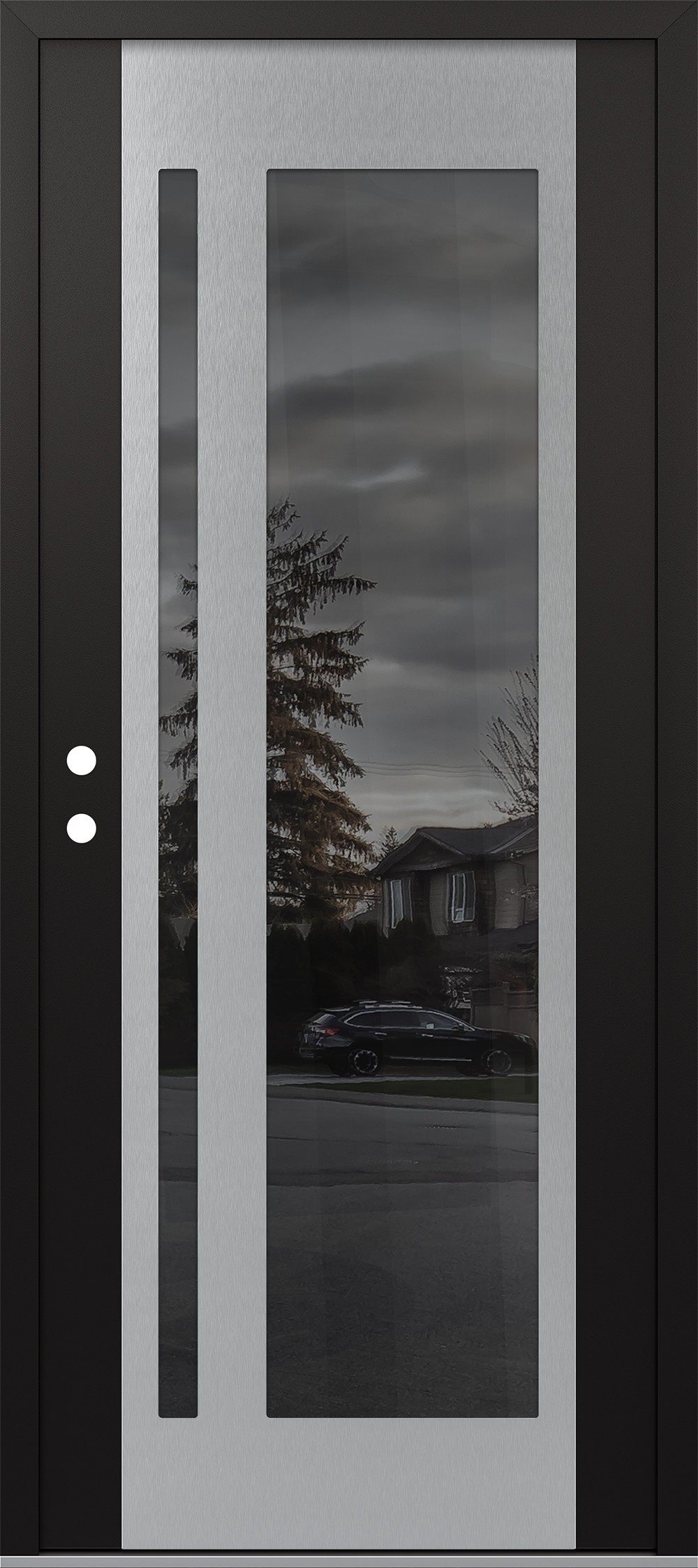 Modern Steel Front Door Diamond C15 36" x 80" black/black mirrored Glass Panel stainless steel RHI