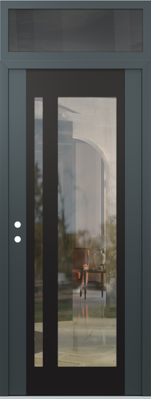 Modern Steel Front Door DIAMOND C15 36" X 96" ANTHRACITE/ANTHRACITE CLEAR GLASS PANEL BLACK RHI WITH TRANSOM MIRRORED GLASS