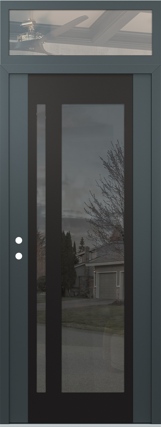 Modern Steel Front Door DIAMOND C15 36" X 96" ANTHRACITE/ANTHRACITE MIRRORED GLASS PANEL BLACK RHI WITH TRANSOM CLEAR GLASS