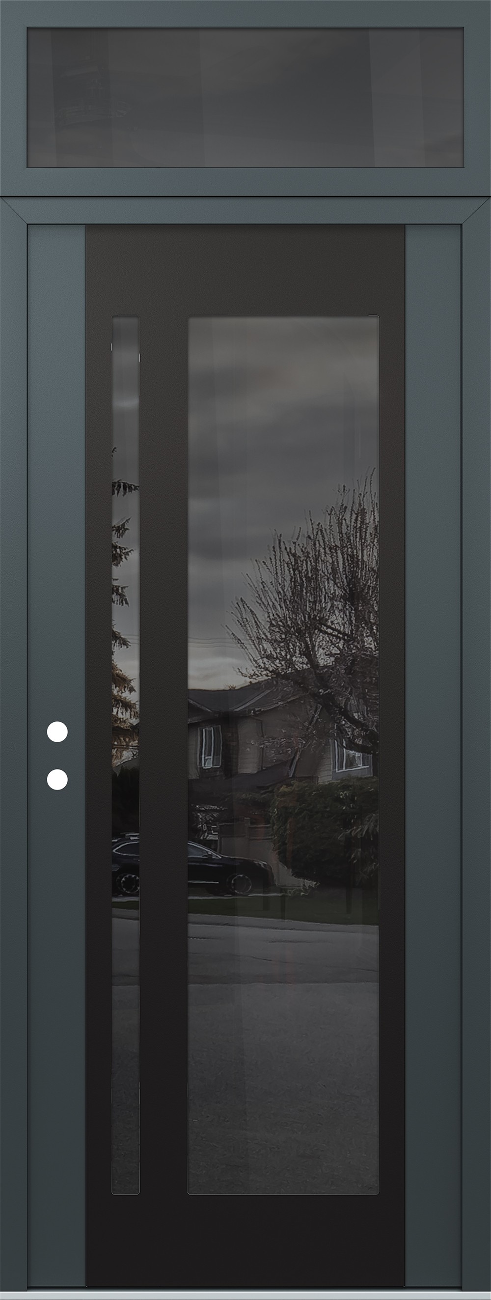 Modern Steel Front Door DIAMOND C15 36" X 96" ANTHRACITE/ANTHRACITE MIRRORED GLASS PANEL BLACK RHI WITH TRANSOM MIRRORED GLASS