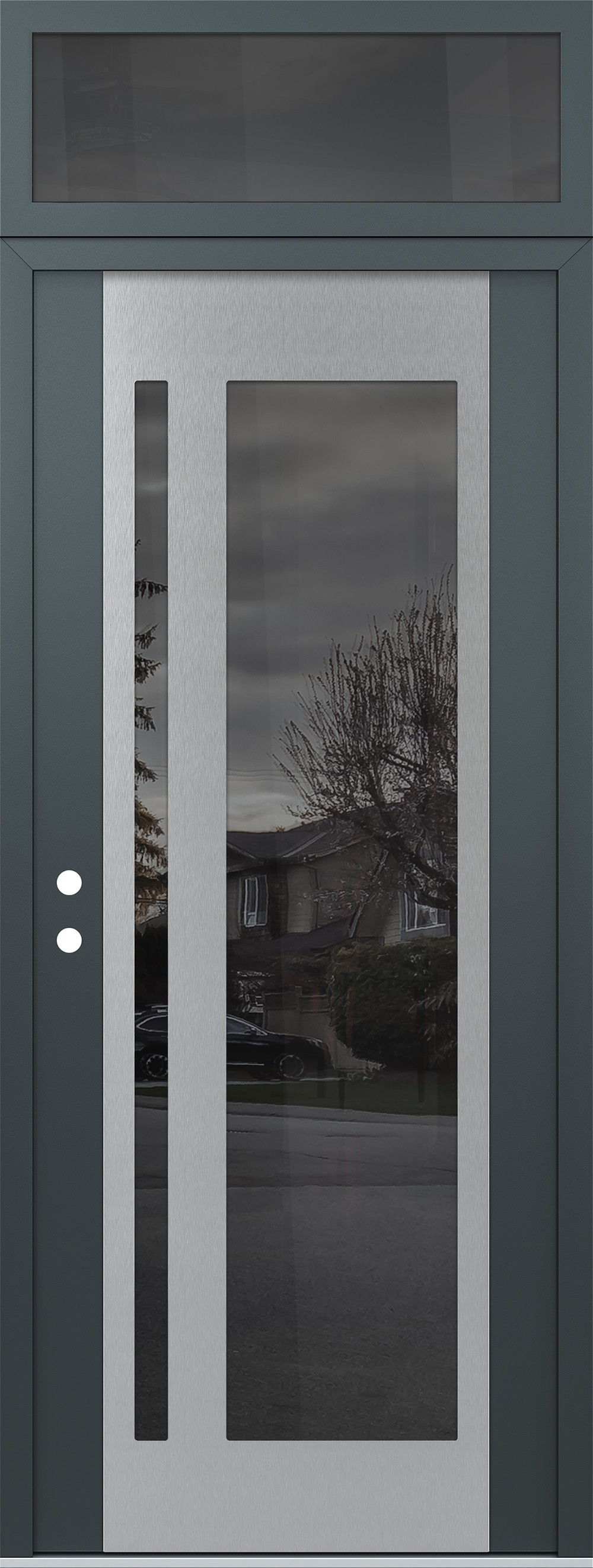 Modern Steel Front Door DIAMOND C15 36" X 96" ANTHRACITE/ANTHRACITE MIRRORED GLASS PANEL STAINLESS STEEL RHI WITH TRANSOM MIRRORED GLASS