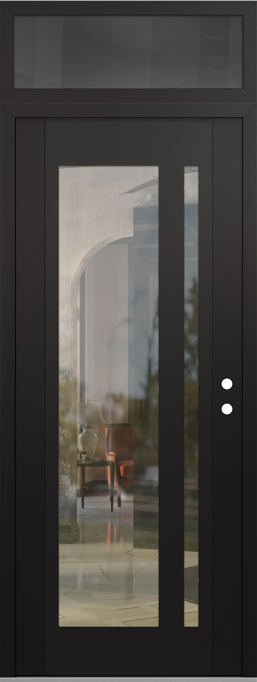 Modern Steel Front Door DIAMOND C15 36" X 96" BLACK/BLACK CLEAR GLASS PANEL BLACK LHI WITH TRANSOM MIRRORED GLASS