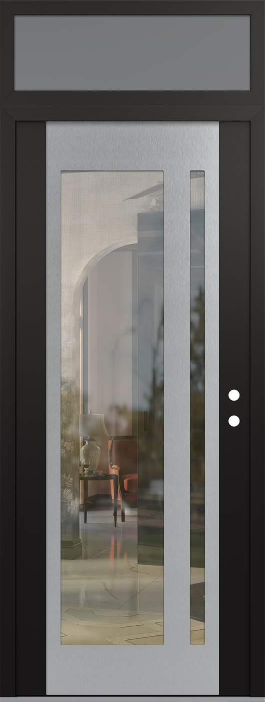 Modern Steel Front Door DIAMOND C15 36" X 96" BLACK/BLACK CLEAR GLASS PANEL STAINLESS STEEL LHI WITH TRANSOM FROSTED GLASS