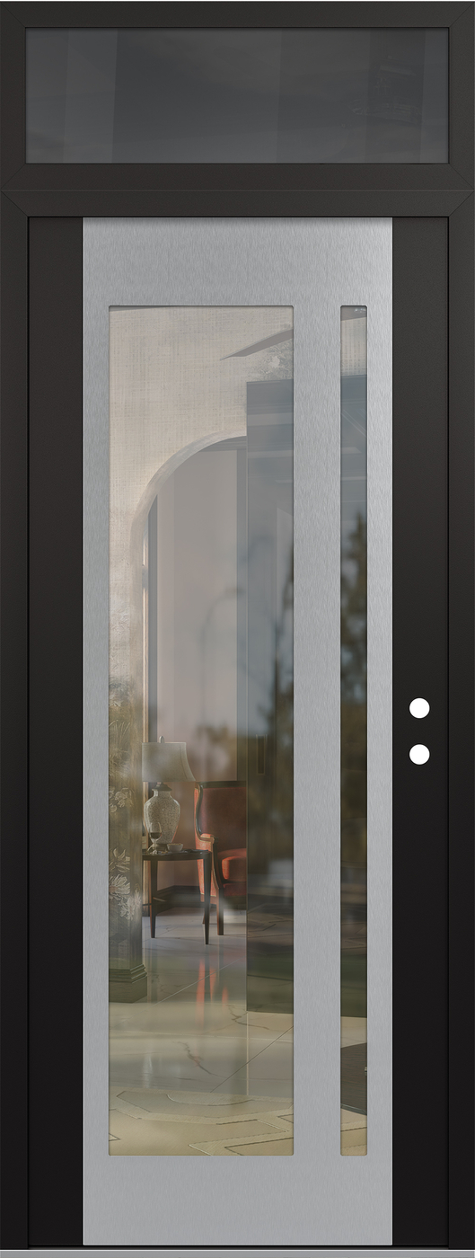 Modern Steel Front Door DIAMOND C15 36" X 96" BLACK/BLACK CLEAR GLASS PANEL STAINLESS STEEL LHI WITH TRANSOM MIRRORED GLASS