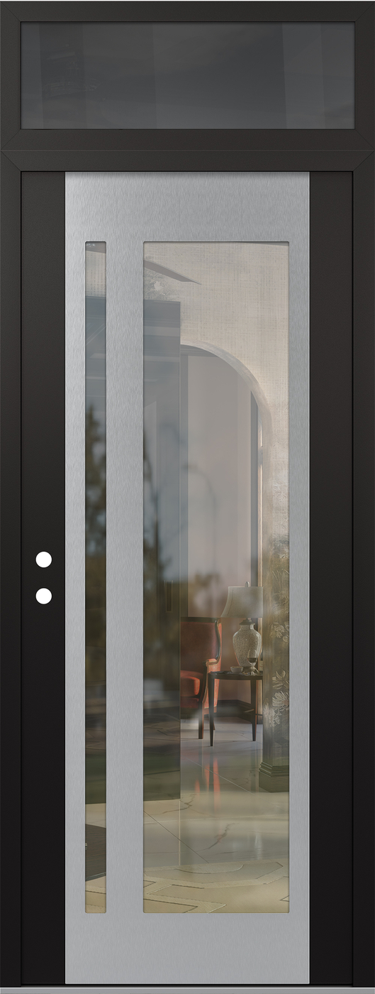 Modern Steel Front Door DIAMOND C15 36" X 96" BLACK/BLACK CLEAR GLASS PANEL STAINLESS STEEL RHI WITH TRANSOM MIRRORED GLASS