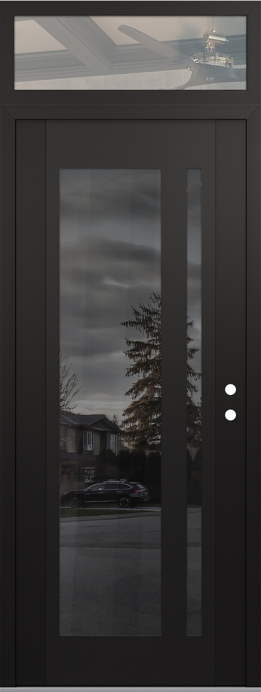 Modern Steel Front Door DIAMOND C15 36" X 96" BLACK/BLACK MIRRORED GLASS PANEL BLACK LHI WITH TRANSOM CLEAR GLASS