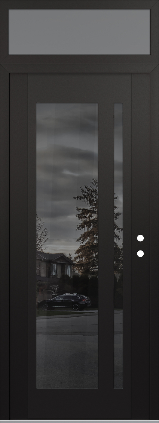Modern Steel Front Door DIAMOND C15 36" X 96" BLACK/BLACK MIRRORED GLASS PANEL BLACK LHI WITH TRANSOM FROSTED GLASS