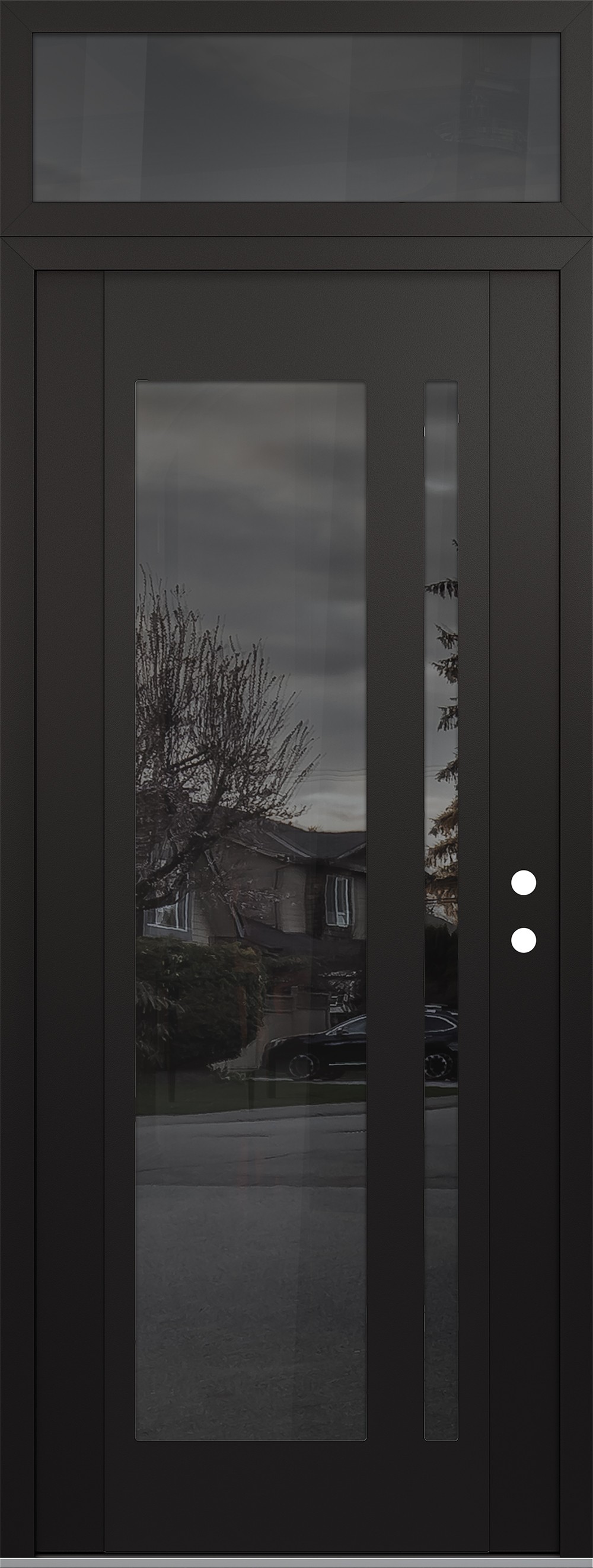 Modern Steel Front Door DIAMOND C15 36" X 96" BLACK/BLACK MIRRORED GLASS PANEL BLACK LHI WITH TRANSOM MIRRORED GLASS
