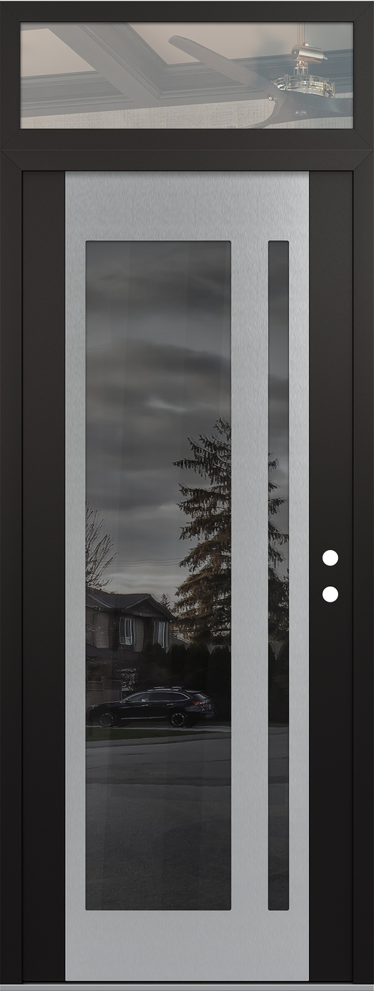 Modern Steel Front Door DIAMOND C15 36" X 96" BLACK/BLACK MIRRORED GLASS PANEL STAINLESS STEEL LHI WITH TRANSOM CLEAR GLASS