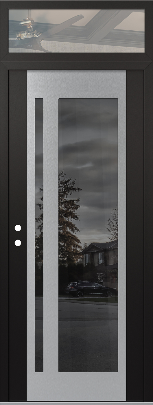 Modern Steel Front Door DIAMOND C15 36" X 96" BLACK/BLACK MIRRORED GLASS PANEL STAINLESS STEEL RHI WITH TRANSOM CLEAR GLASS