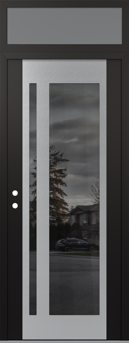 Modern Steel Front Door DIAMOND C15 36" X 96" BLACK/BLACK MIRRORED GLASS PANEL STAINLESS STEEL RHI WITH TRANSOM FROSTED GLASS