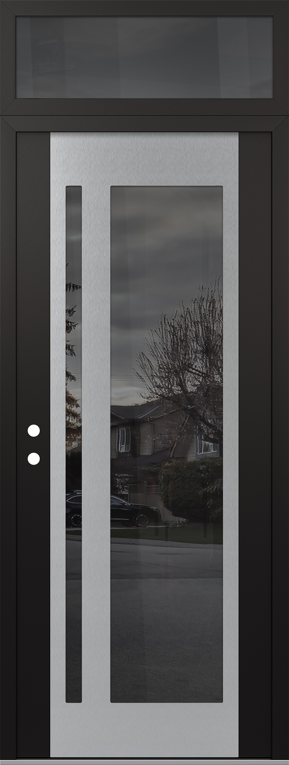 Modern Steel Front Door DIAMOND C15 36" X 96" BLACK/BLACK MIRRORED GLASS PANEL STAINLESS STEEL RHI WITH TRANSOM MIRRORED GLASS