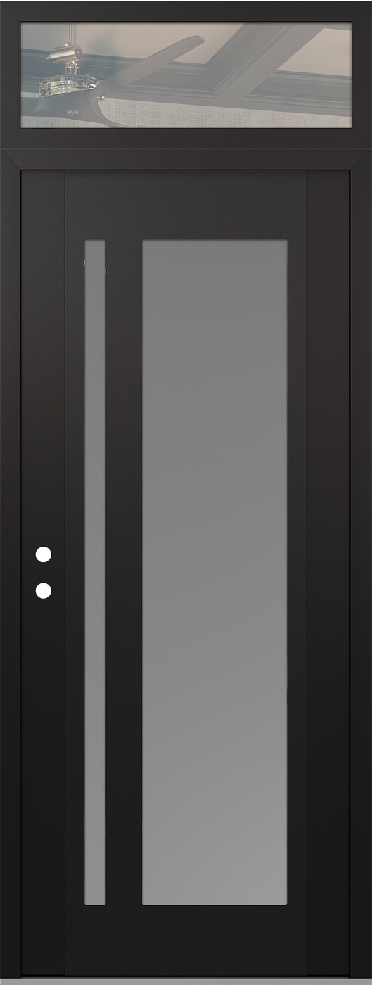 Modern Steel Front Door DIAMOND C15 36" X 96" BLACK/WHITE FROSTED GLASS PANEL BLACK RHI WITH TRANSOM CLEAR GLASS