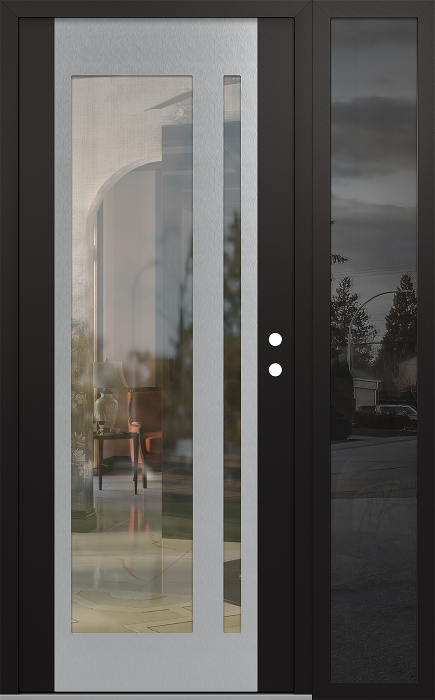 Modern Steel Front Door Diamond C15 48" x 80" black/black clear Glass Panel stainless steel LHI with Sidelite mirrored Glass