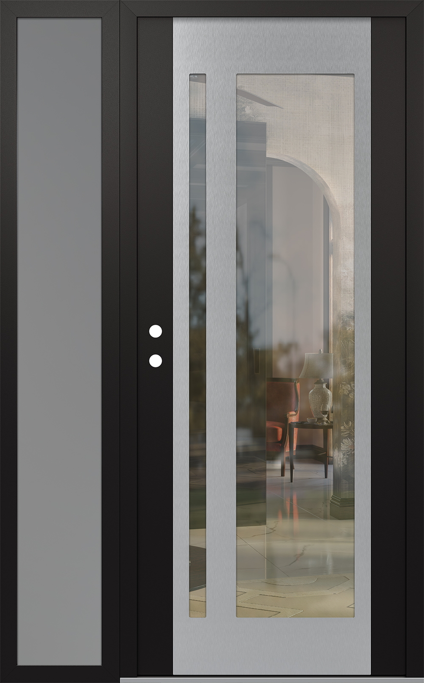 Modern Steel Front Door Diamond C15 48" x 80" black/black clear Glass Panel stainless steel RHI with Sidelite frosted Glass