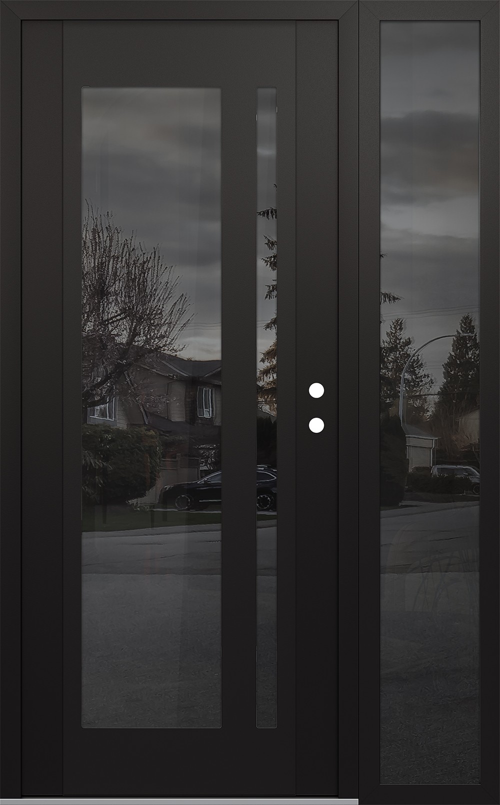 Modern Steel Front Door Diamond C15 48" x 80" black/black mirrored Glass Panel black LHI with Sidelite mirrored Glass