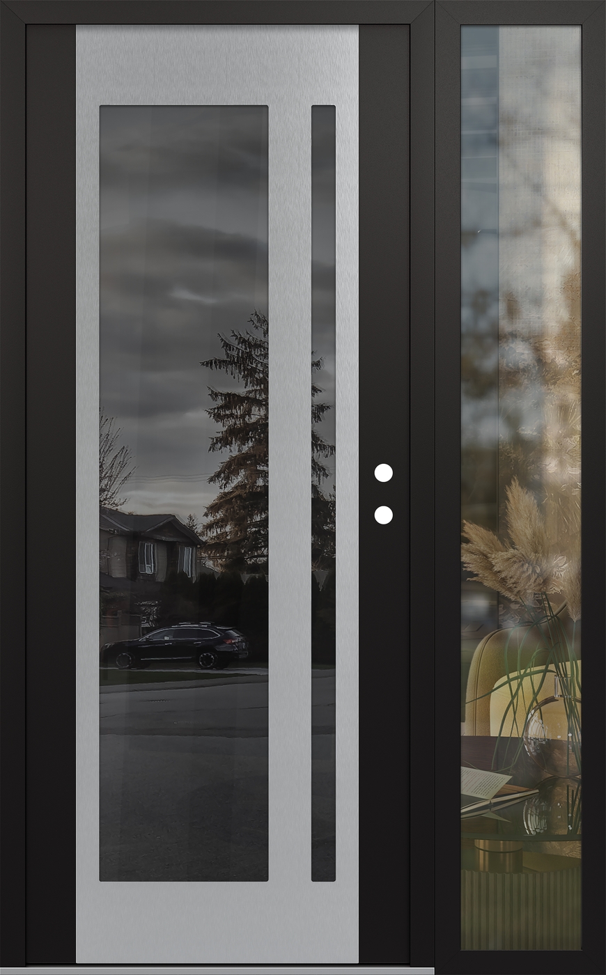 Modern Steel Front Door Diamond C15 48" x 80" black/black mirrored Glass Panel stainless steel LHI with Sidelite clear Glass