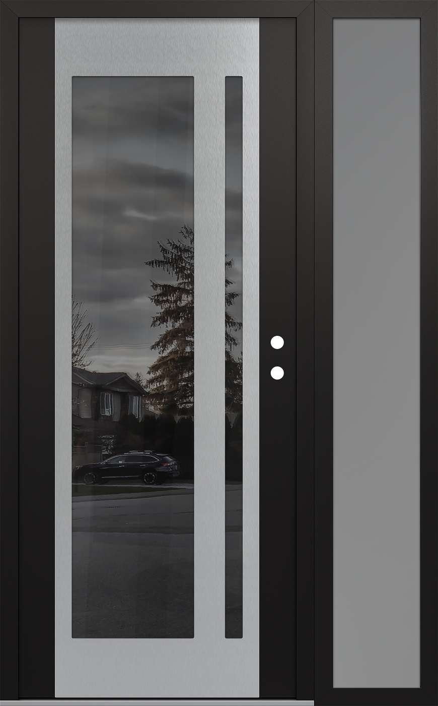 Modern Steel Front Door Diamond C15 48" x 80" black/black mirrored Glass Panel stainless steel LHI with Sidelite frosted Glass
