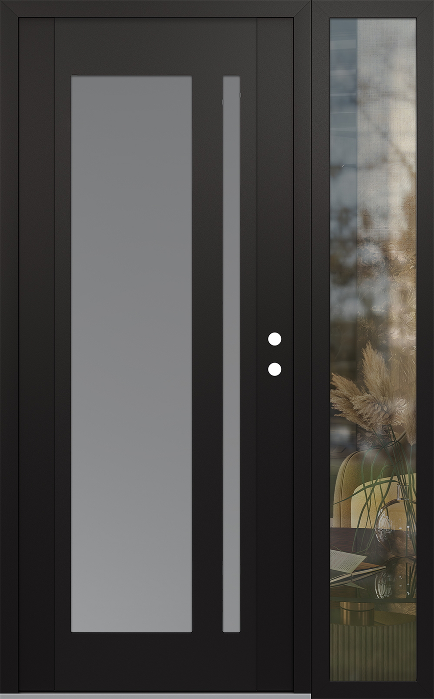 Modern Steel Front Door Diamond C15 48" x 80" black/white frosted Glass Panel black LHI with Sidelite clear Glass