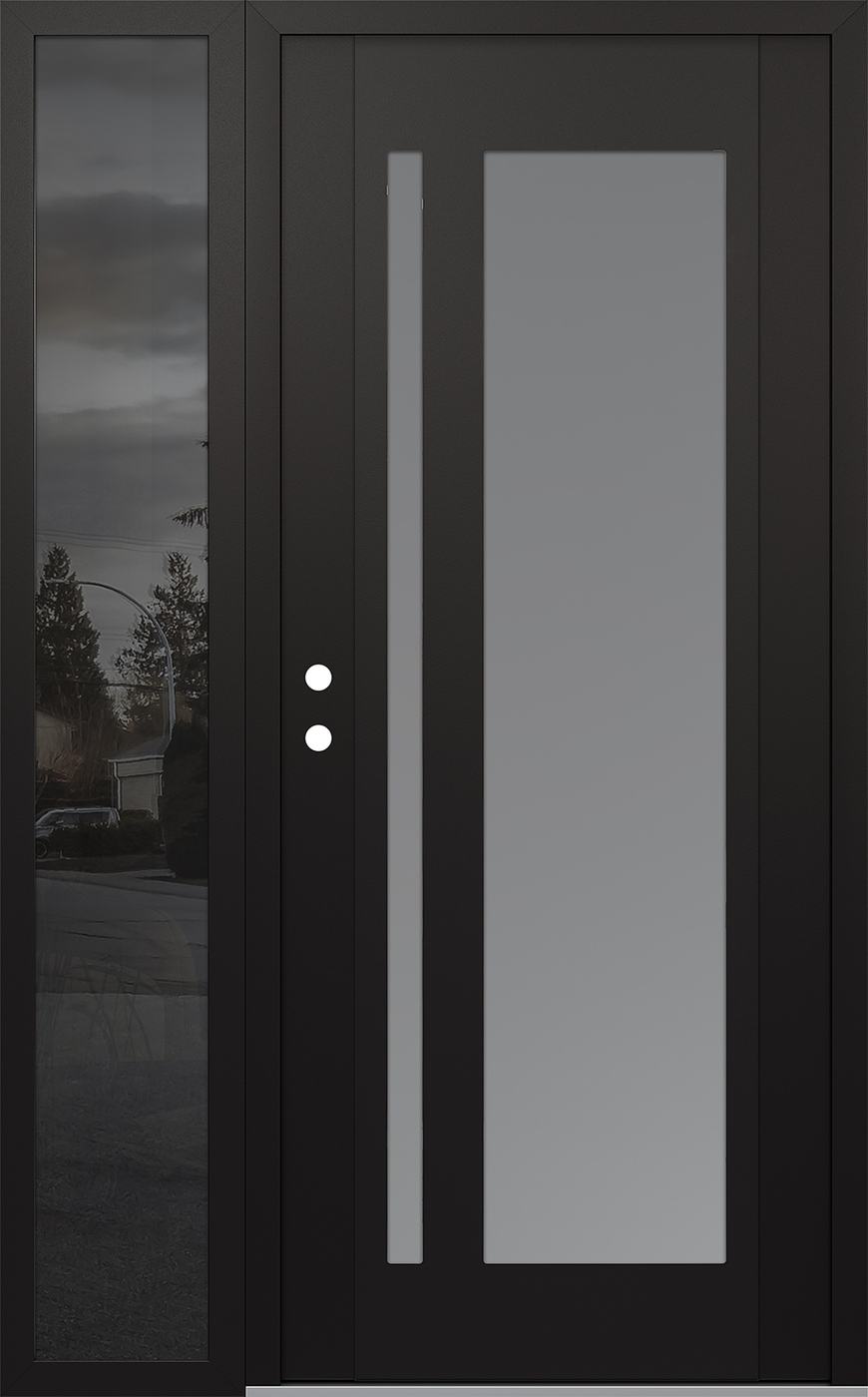 Modern Steel Front Door Diamond C15 48" x 80" black/white frosted Glass Panel black RHI with Sidelite mirrored Glass