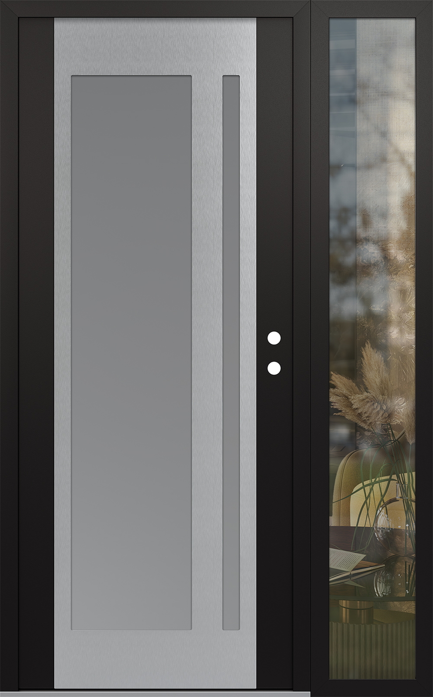 Modern Steel Front Door Diamond C15 48" x 80" black/white frosted Glass Panel stainless steel LHI with Sidelite clear Glass
