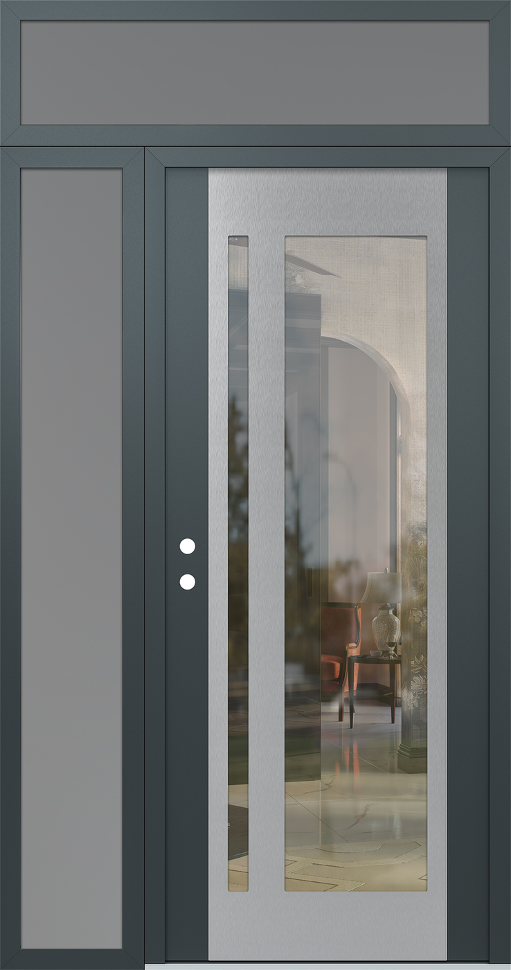 Modern Steel Front Door Diamond C15 48" x 96" anthracite/anthracite clear Glass Panel stainless steel RHI with Sidelite and Transom frosted Glass