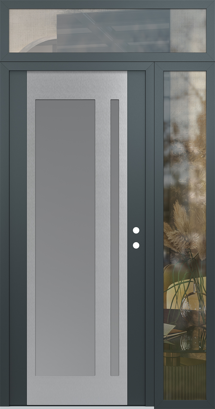 Modern Steel Front Door Diamond C15 48" x 96" anthracite/anthracite frosted Glass Panel stainless steel LHI with Sidelite and Transom clear Glass
