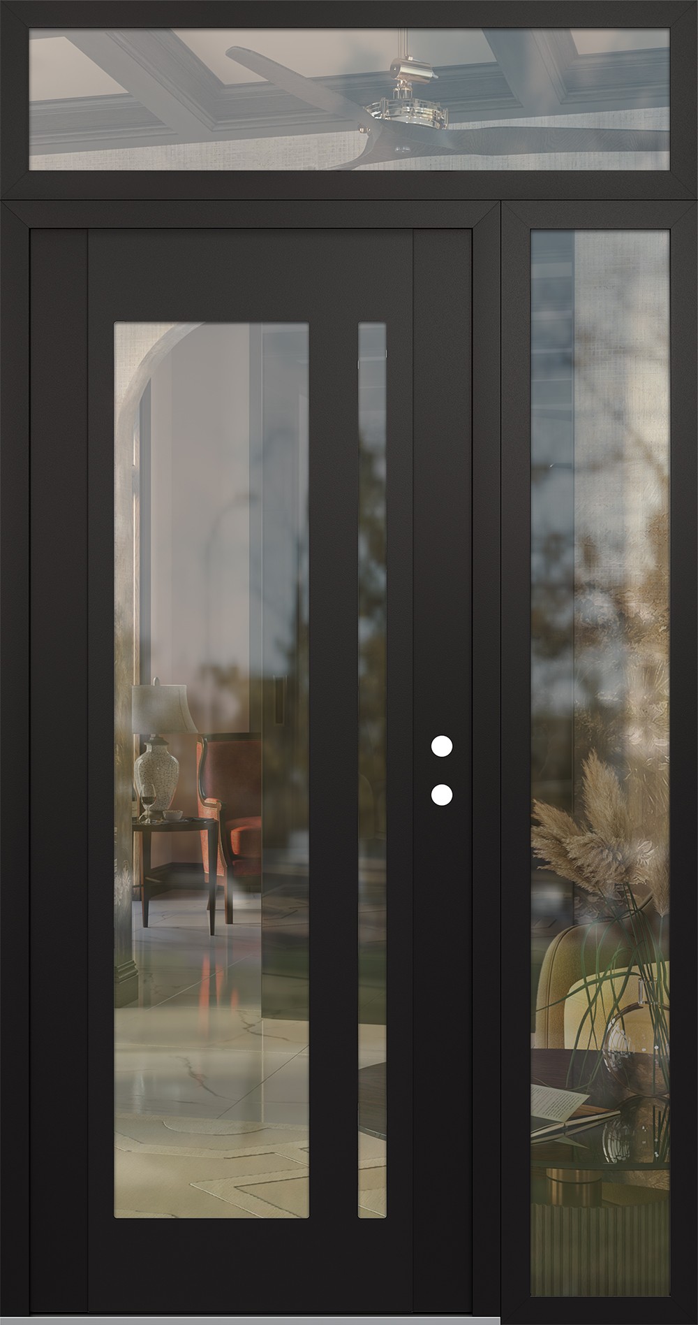 Modern Steel Front Door Diamond C15 48" x 96" black/black clear Glass Panel black LHI with Sidelite and Transom clear Glass