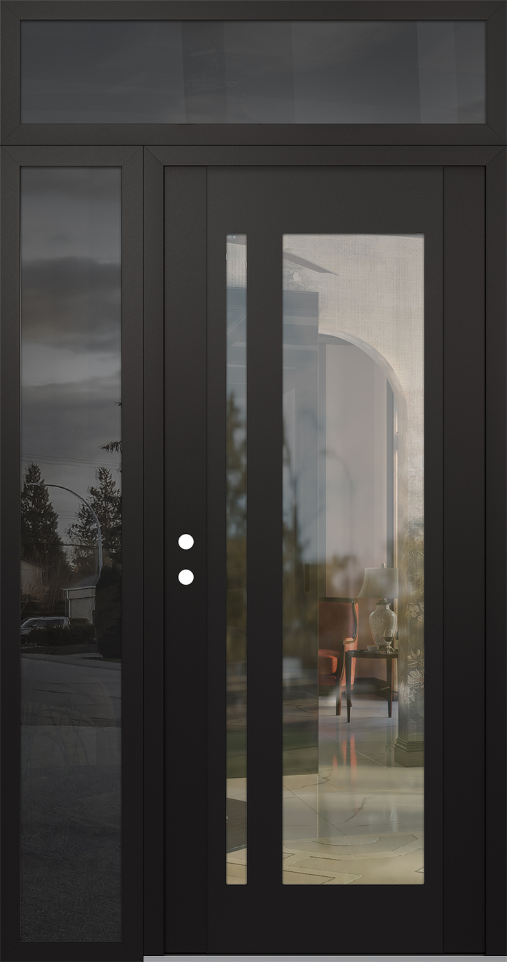 Modern Steel Front Door Diamond C15 48" x 96" black/black clear Glass Panel black RHI with Sidelite and Transom mirrored Glass