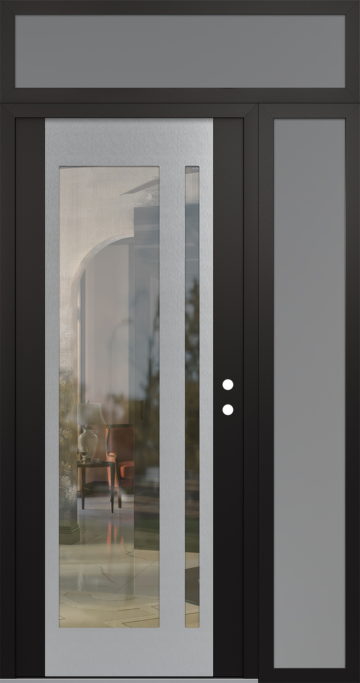 Modern Steel Front Door Diamond C15 48" x 96" black/black clear Glass Panel stainless steel LHI with Sidelite and Transom frosted Glass