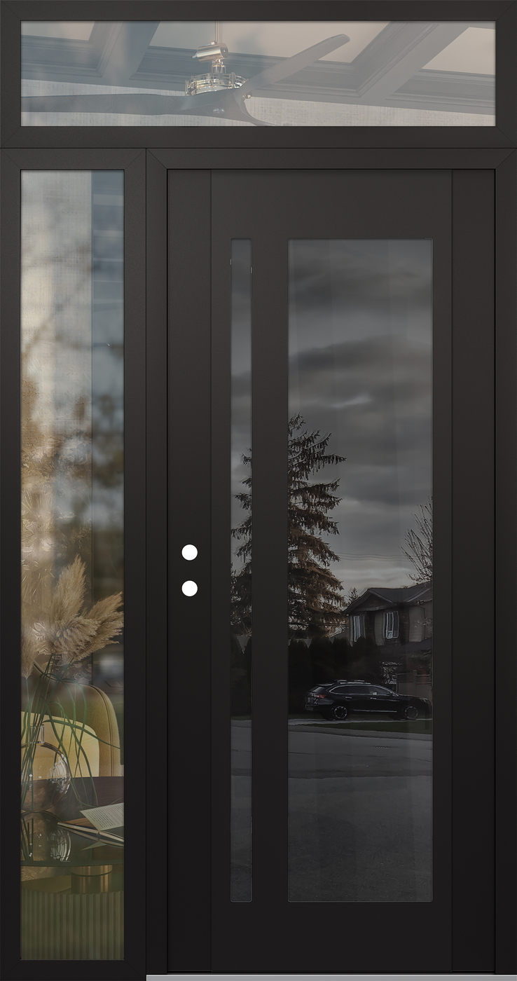 Modern Steel Front Door Diamond C15 48" x 96" black/black mirrored Glass Panel black RHI with Sidelite and Transom clear Glass