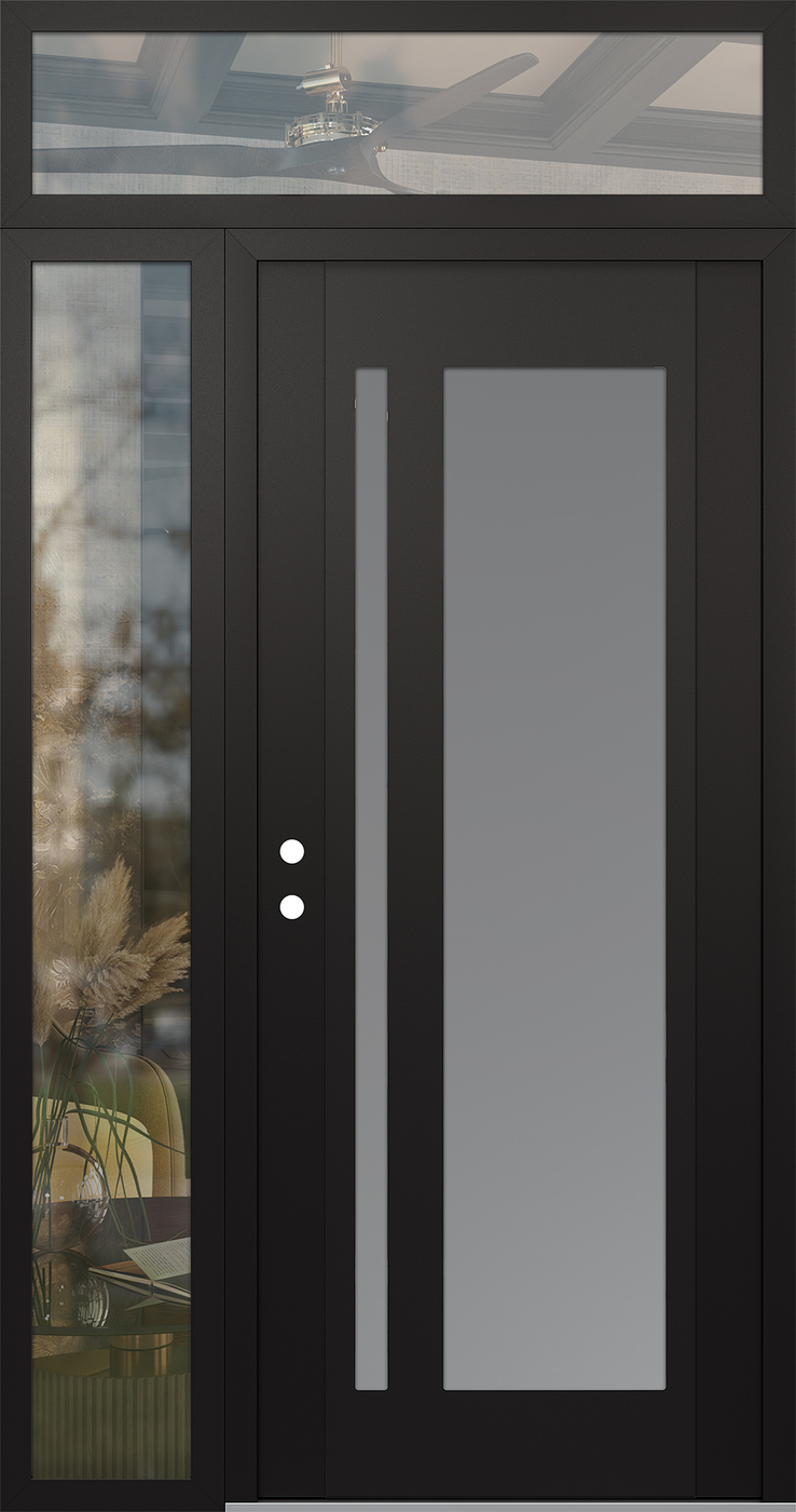 Modern Steel Front Door Diamond C15 48" x 96" black/white frosted Glass Panel black RHI with Sidelite and Transom clear Glass