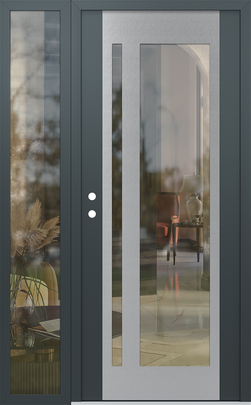 Modern Steel Front Door Diamond C15 50" x 80" anthracite/anthracite clear Glass Panel stainless steel RHI with Sidelite clear Glass