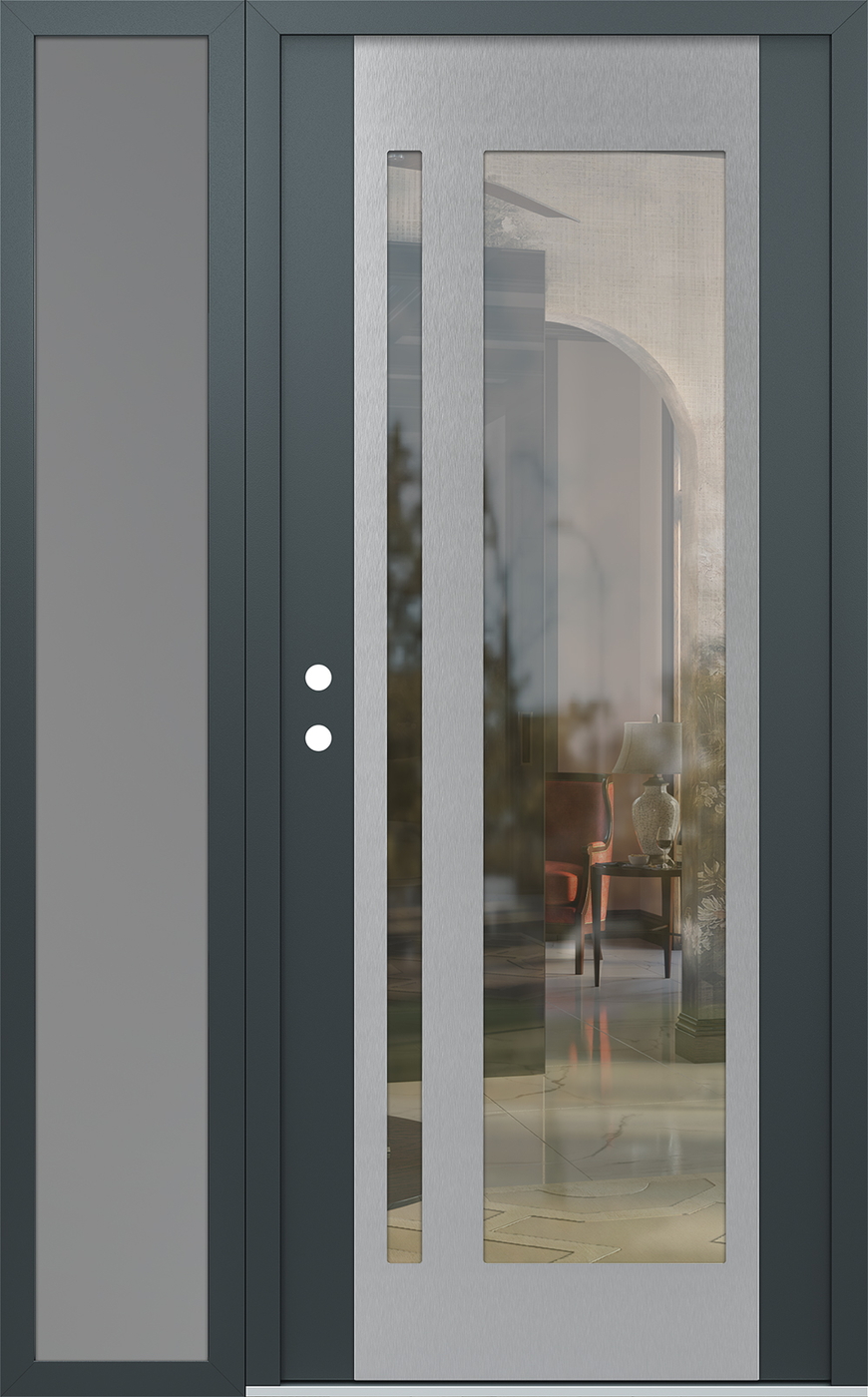 Modern Steel Front Door Diamond C15 50" x 80" anthracite/anthracite clear Glass Panel stainless steel RHI with Sidelite frosted Glass