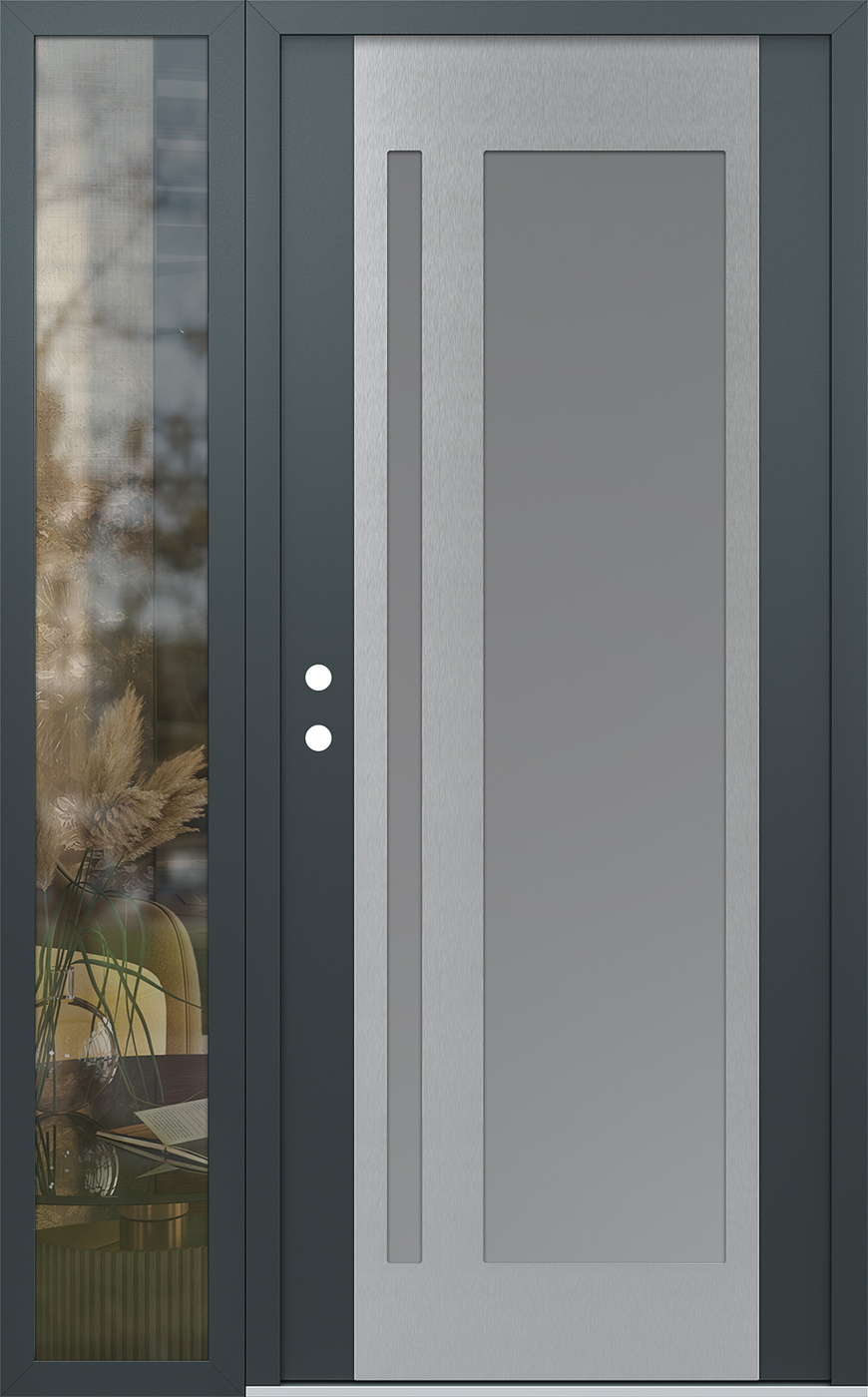 Modern Steel Front Door Diamond C15 50" x 80" anthracite/anthracite frosted Glass Panel stainless steel RHI with Sidelite clear Glass
