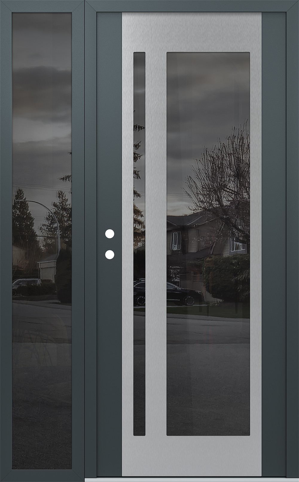 Modern Steel Front Door Diamond C15 50" x 80" anthracite/anthracite mirrored Glass Panel stainless steel RHI with Sidelite mirrored Glass