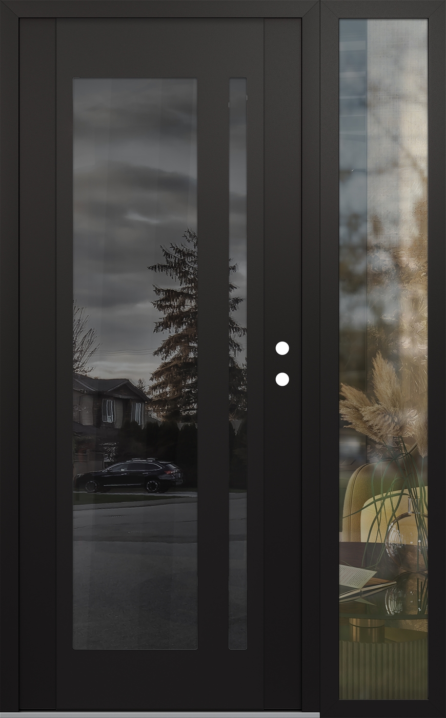 Modern Steel Front Door Diamond C15 50" x 80" black/black mirrored Glass Panel black LHI with Sidelite clear Glass