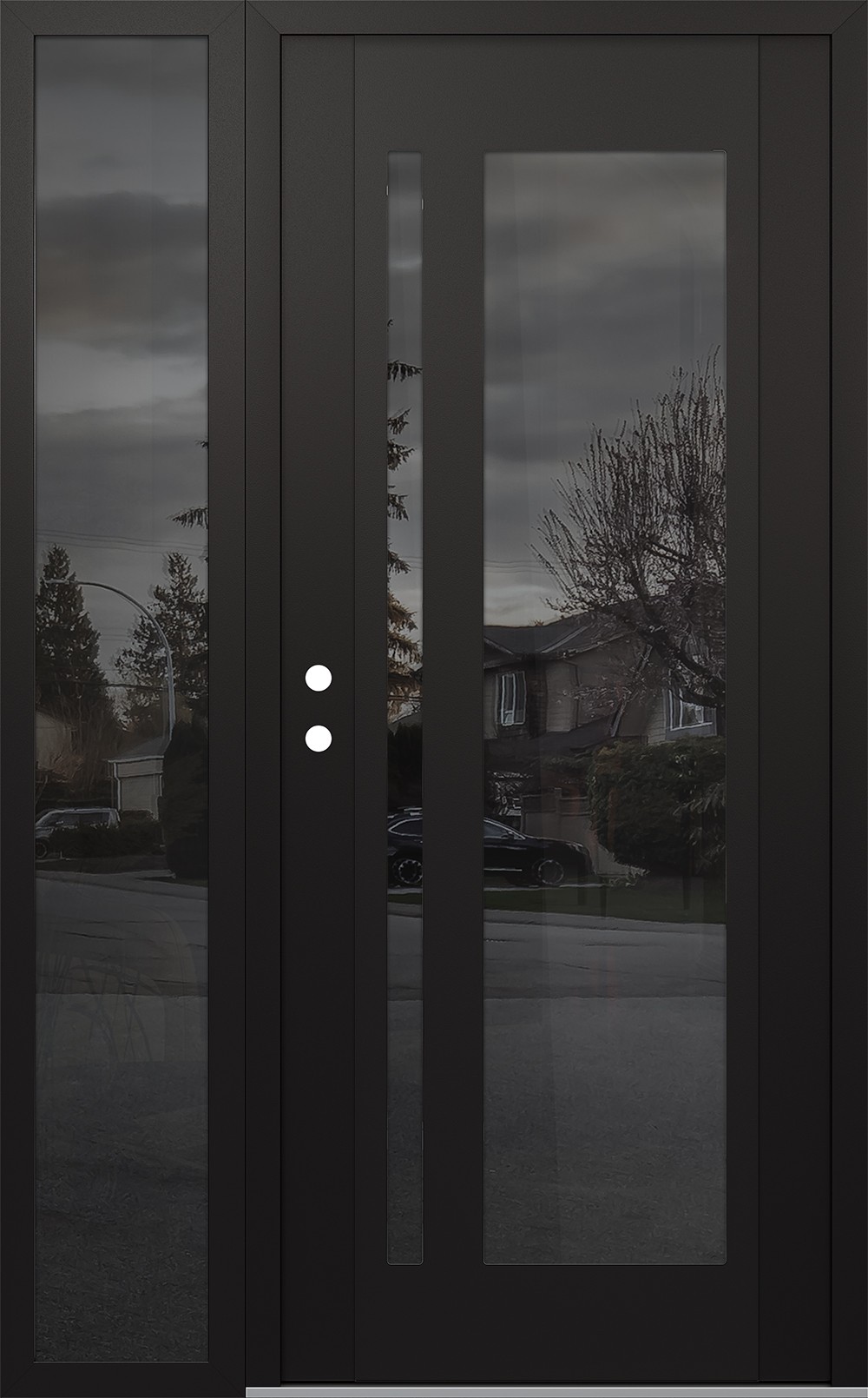 Modern Steel Front Door Diamond C15 50" x 80" black/black mirrored Glass Panel black RHI with Sidelite mirrored Glass