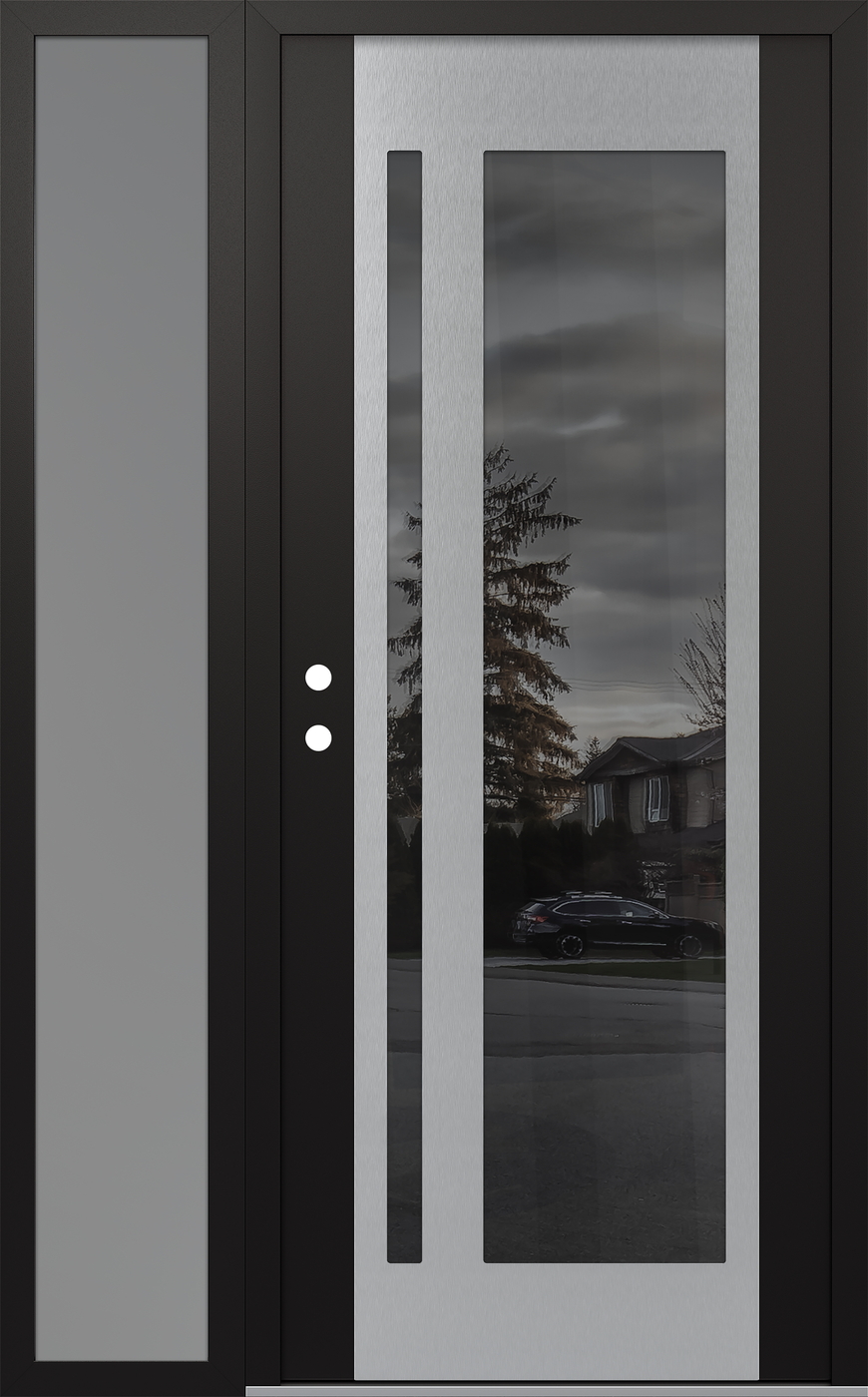 Modern Steel Front Door Diamond C15 50" x 80" black/black mirrored Glass Panel stainless steel RHI with Sidelite frosted Glass