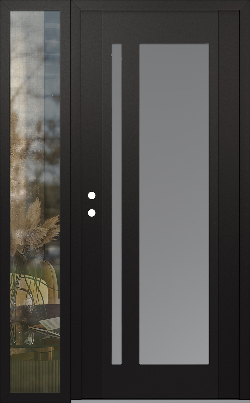 Modern Steel Front Door Diamond C15 50" x 80" black/white frosted Glass Panel black RHI with Sidelite clear Glass