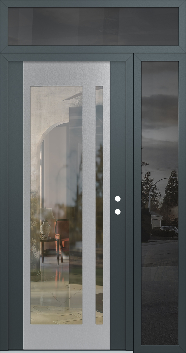 Modern Steel Front Door Diamond C15 50" x 96" anthracite/anthracite clear Glass Panel stainless steel LHI with Sidelite and Transom mirrored Glass